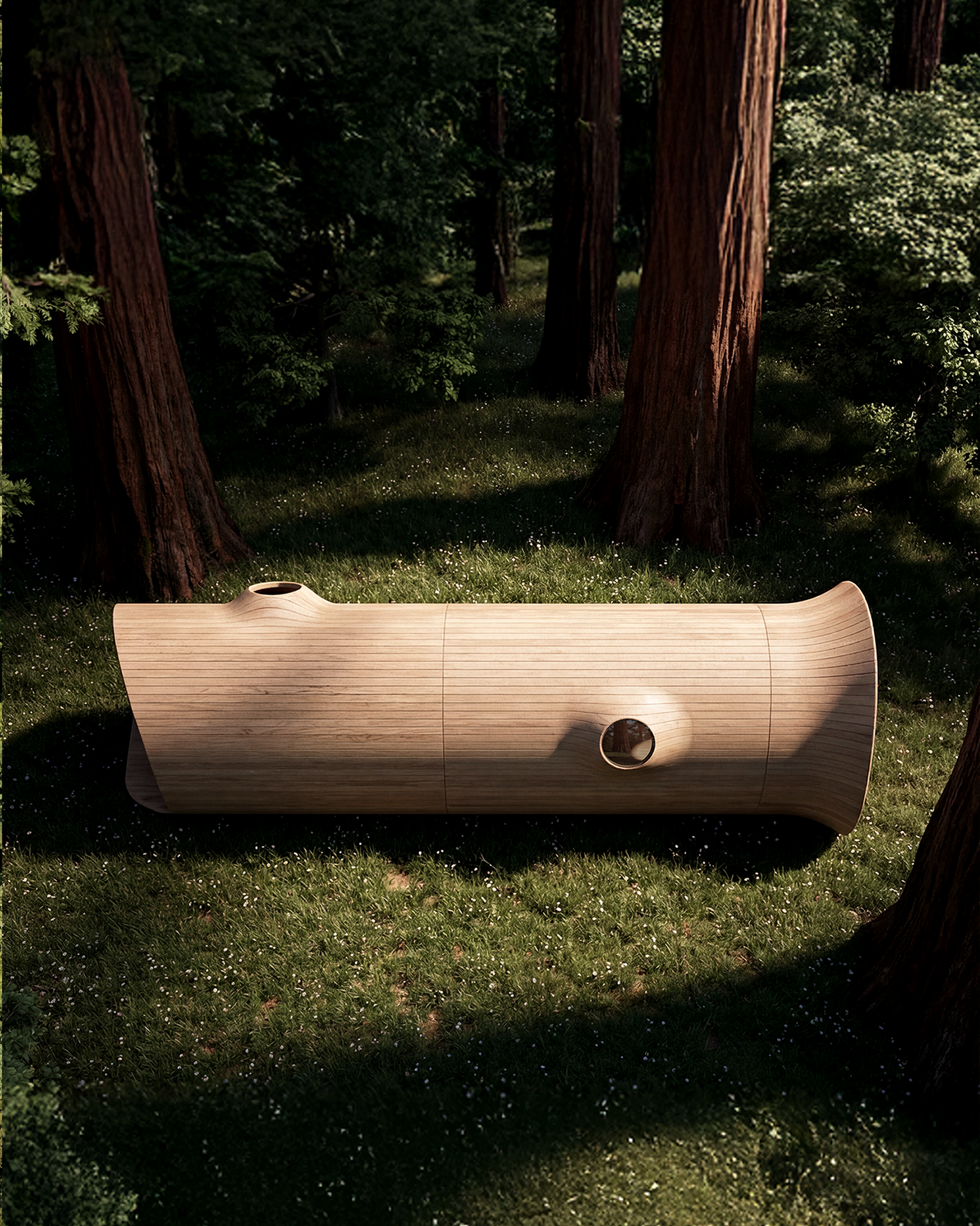 <span class='videoSpace'>FALLEN TREE</span> </br> A collaboration with our friends at Essesi Design Studio_this cabin is inspired by the Giant Redwood and Sequoia trees of California_where they grew up._