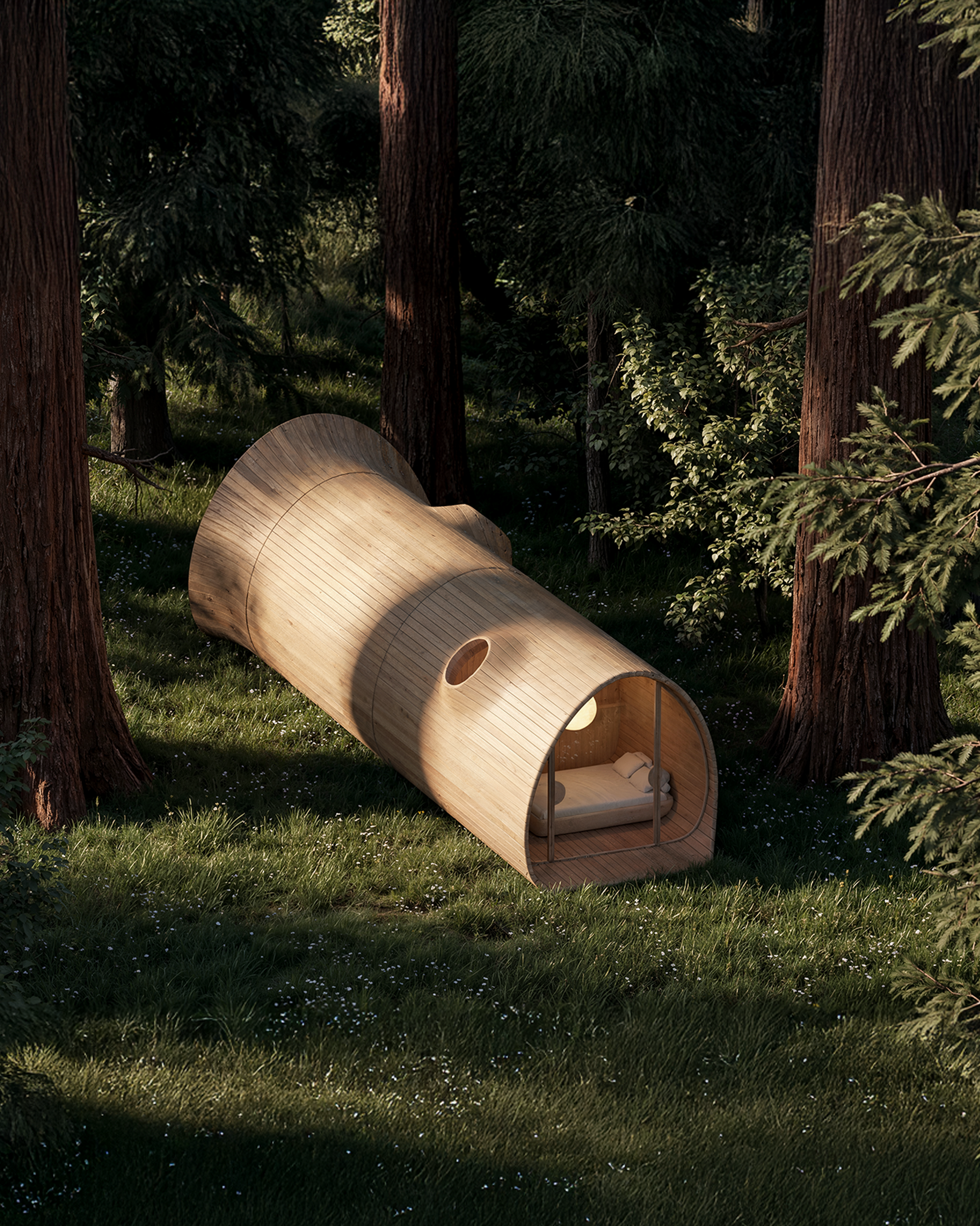 <span class='videoSpace'>FALLEN TREE</span> </br> A collaboration with our friends at Essesi Design Studio_this cabin is inspired by the Giant Redwood and Sequoia trees of California_where they grew up._ 1